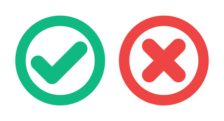 Green check mark and red cross x mark icons. Outline checkmark vector symbols with rounded corners for true or false, right or wrong decisions. Accept or decline checklist status validation sign. © Design Thinker