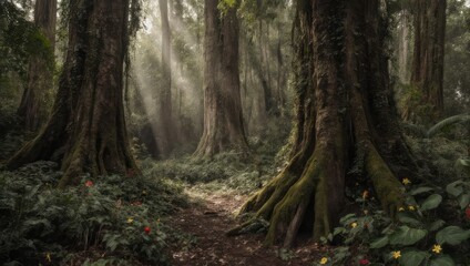 Obraz premium Sunlight streams through a lush forest path, illuminating tall trees and vibrant undergrowth