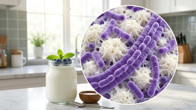 Bowl of creamy yogurt with visible probiotic bacteria illustration, representing gut health, digestion, and microbiome wellness
