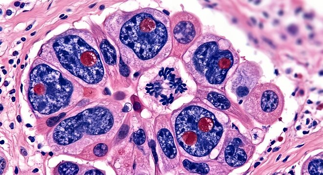 Microscopic view of cancer cells showing irregular morphology, large nuclei, and abnormal clustering, representing oncology and pathology