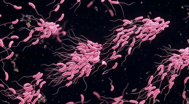 Comma-shaped vibrio cholerae bacteria, representing cholera research and pathogen identification