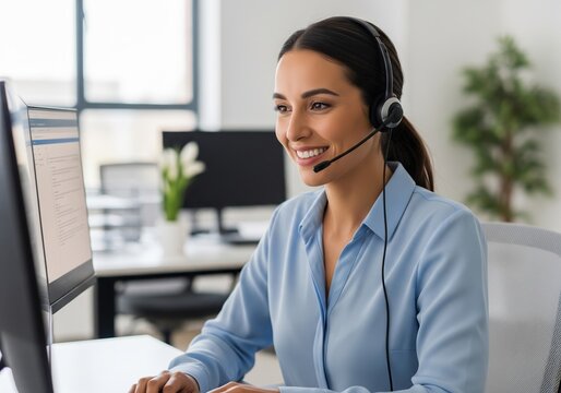 Professional Woman In Blue Shirt Wearing Headset Working On Computer In Modern Office Workspace