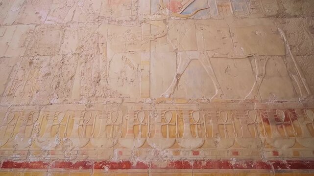 Queen Hatshepsut Temple in Valley of the Kings, Sculptures of Pharaohs at the entrance on floor three of Hatshepsut's Funerary Temple in Luxor, Egypt.Ancient Egyptian wall paintings
