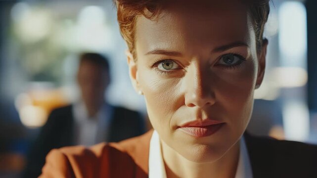 Confident woman in business attire looking at the camera