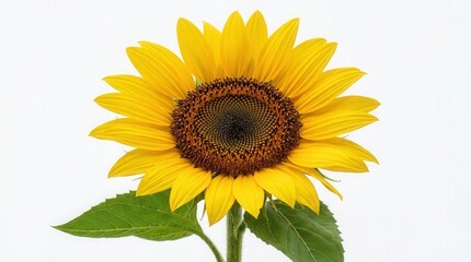 Naklejka premium Close-Up Photo Of Bright Yellow Sunflower With Green Stem And Leaf On White Background