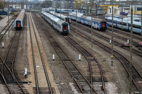 Warsaw, Poland - April 04, 2026: Aerial view of the extensive railway tracks and infrastructure at the PKP Warszawa Olszynka Grochowska train station