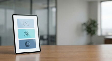Fototapeta premium Tablet displaying business icons on a wooden desk in a bright, modern office setting with blurred background