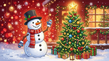 Fototapeta premium Festive Snowman and Decorated Christmas Tree in Cozy Holiday Scene Photo