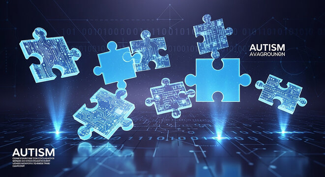 Futuristic puzzle pieces with circuitry, autism awareness concept jigsaw