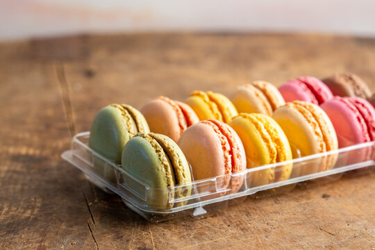 Macaroons in a plastic tray 