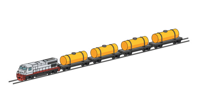 A modern freight train consisting of a white diesel locomotive with red accents pulls four bright yellow cylindrical fuel tanker cars along a track.