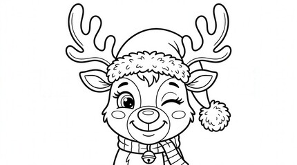 Fototapeta premium Cute Reindeer Wearing Santa Hat Christmas Cartoon Illustration