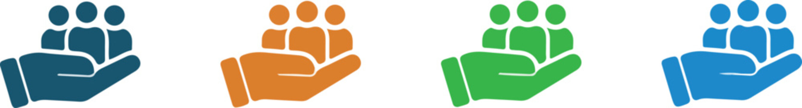colorful flat icons of hands holding people groups symbolizing care support community and teamwork in blue orange green and teal