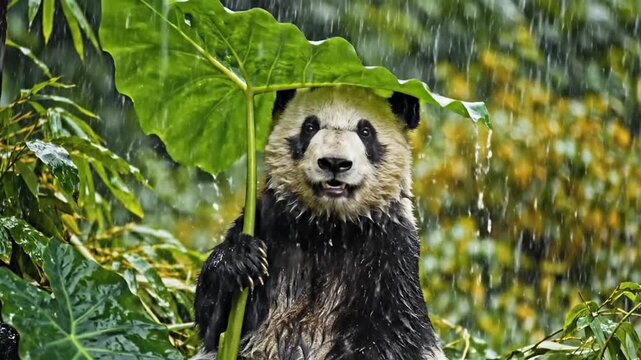Bear sheltering under a large leaf in heavy rain wildlife nature scene