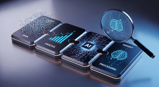 Interconnected glowing puzzle pieces representing data analysis, AI processing, and deep insights with a magnifying glass, showcasing predictive modeling in a futuristic tech environment