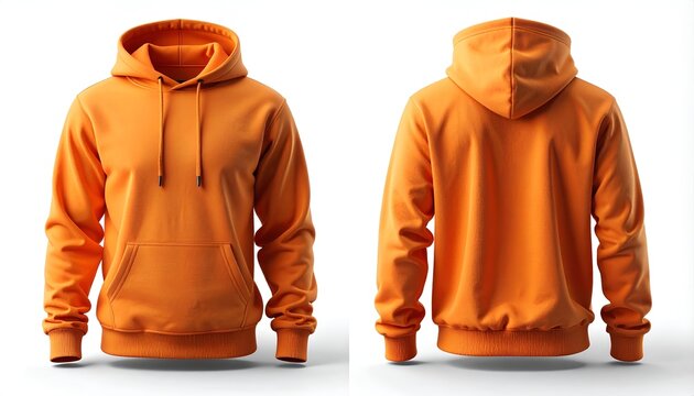 Front and back view of a vibrant orange hooded sweatshirt with a front pocket and drawstring