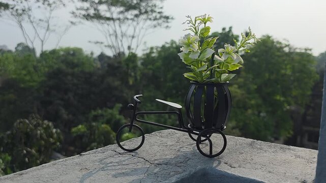 Decorative tricycle planter with white flowers on rooftop, sunny day decorative bicycle