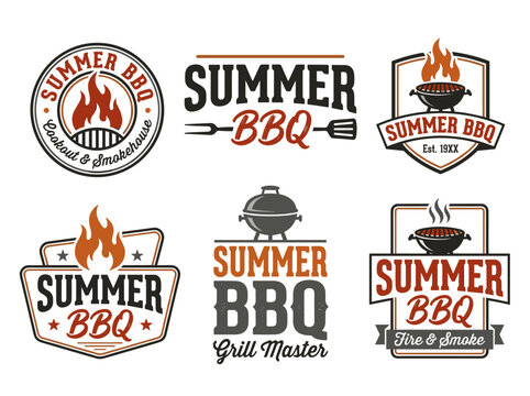 Summer BBQ Typography Logo Set, Vintage Americana Cookout Designs with Grill Flame Icon