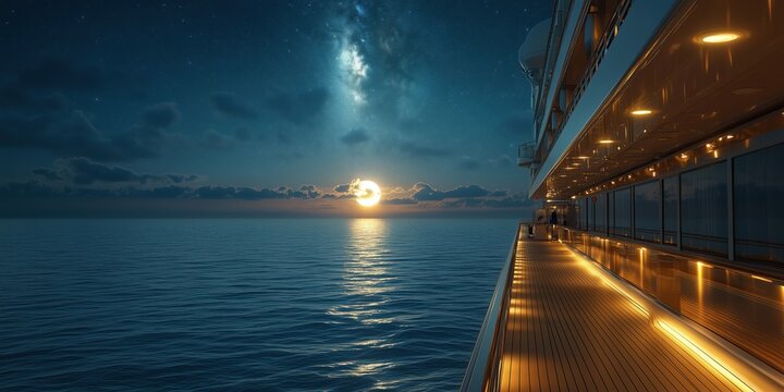 Modern cruise ship deck at night with wooden floor and moonlight view