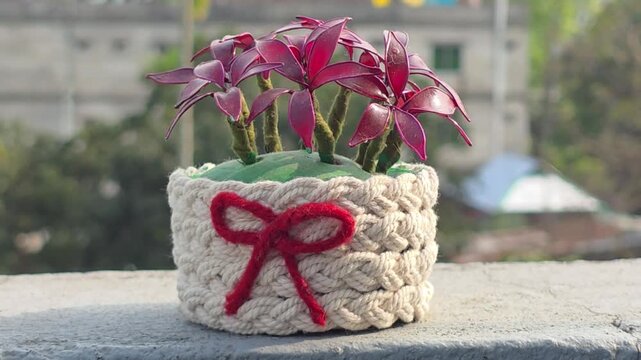Charming rope planter with red bow and vibrant purple flowers outdoor close-up flower pot