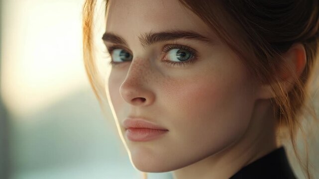 A poised young woman with striking blue eyes gazes to the side, offering a subtle smile. Her porcelain complexion is accentuated by natural sunlight casting soft shadows on her face and hair.