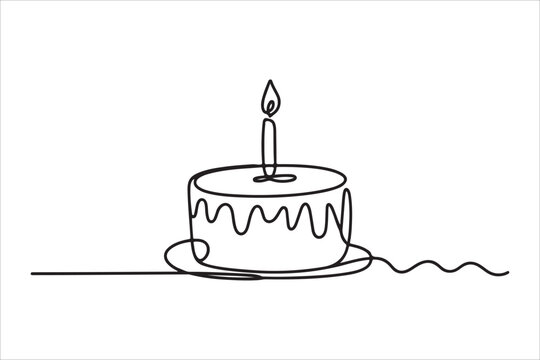 Continuous one line drawing birthday cake with candles sweet celebration vector dessert minimal outline illustration design