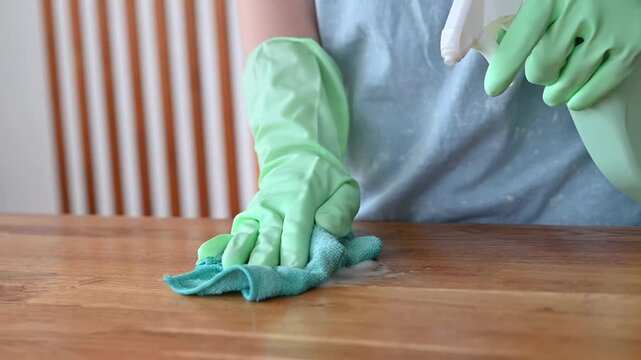 Woman in green rubber gloves dusting wooden furniture with microfiber cloth, home cleaning and housekeeping routine