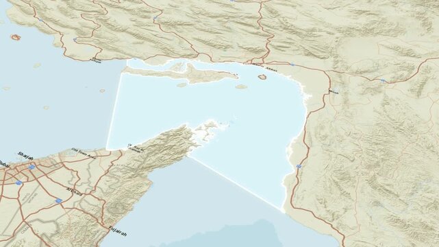 Animated map of the Strait of Hormuz between the Persian Gulf and the Gulf of Oman Footage