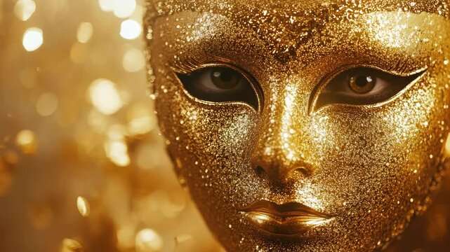 Golden Venetian mask with black eye slits and elongated eyes. A symbol of intrigue, mystery, and extravagance at carnevale events.