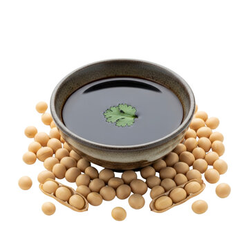 Soy sauce in bowl with soybeans and cilantro leaf