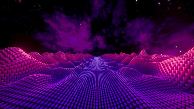 Abstract 3D flowing wave lines with blue, purple and pink neon gradients forming a futuristic digital background. Smooth curves, fractal patterns and glowing light create a 
