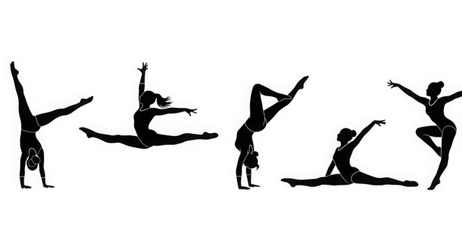 Dynamic female silhouettes in dance and gymnastics poses isolated on white background, Vector 

