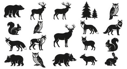 Obraz premium Forest animals silhouettes including bears, deer, foxes, wolves, owls, squirrels, and wild boars. Suitable for woodland themes, nature projects, and wildlife graphics