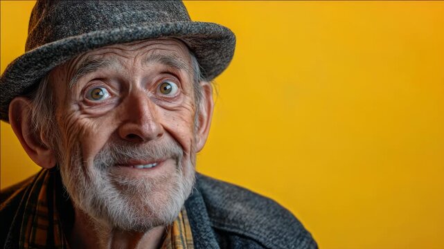 An older man with a beard and mustache wearing a hat, overcoat and sitting in contemplative pose.