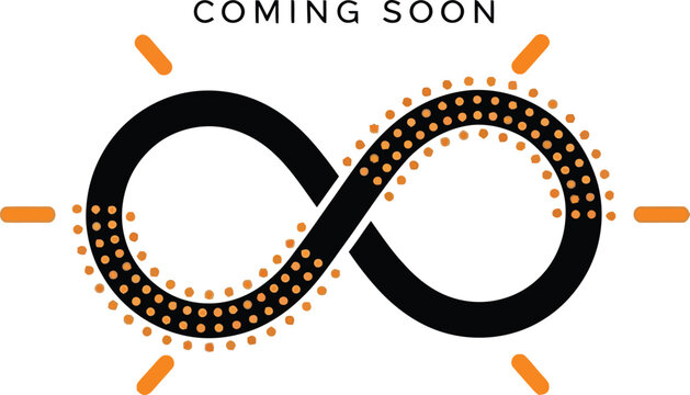 Infinity symbol with orange rays and dots with coming soon