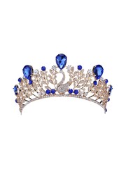 Elegant silver tiara with blue gemstones and swan design detail. © Enveri Panchvidze