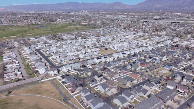 Aerial view of residential suburban houses in Midvale, Utah, USA.