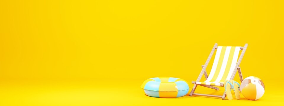Strandliege und Strandball auf gelbem Hintergrund, 3D