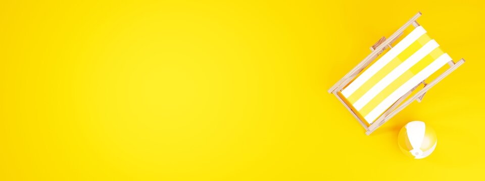 Strandliege und Strandball auf gelbem Hintergrund - Vogelperspektive, 3D