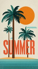 Obraz premium A beach with palm trees and a colorful sunset. Bold typography spells out summer in a retro style.