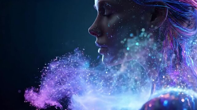 Artistic female profile dissolving into a cosmic nebula of glowing stardust and vibrant purple energy