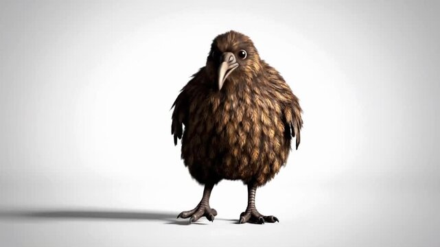 Kiwi bird dances with realistic fur rendering and animation in a simple studio setting