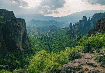 Fototapeta premium Towering Rock Formations Over Lush Mountain Valley