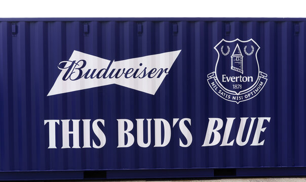 Blue container featuring logos for Budweiser beer and Everton Football club with blue and white text design.