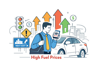 Obraz premium Expensive daily commute. A person checking fuel prices on a phone while standing next to a car, with city