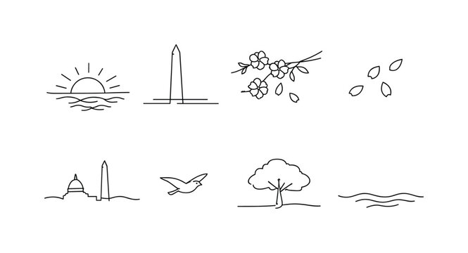 "Morning Sakura Scene Washington DC". Minimalistic set one-line drawing sun rising over monument, cherry