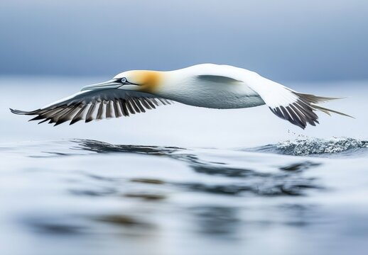 Northern Gannet in Flight Over Ocean Waves