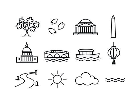 Washington DC cherry blossom festival. Line outline icon set of Washington DC cherry blossom festival: cherry