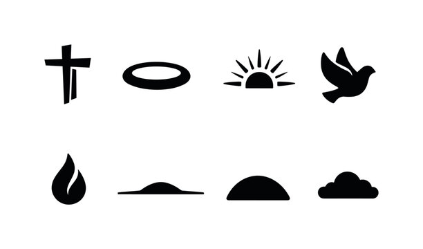 Abstract Faith Minimalism. Filled icon set of Abstract Faith Minimalism: stylized cross, halo ring, soft sun