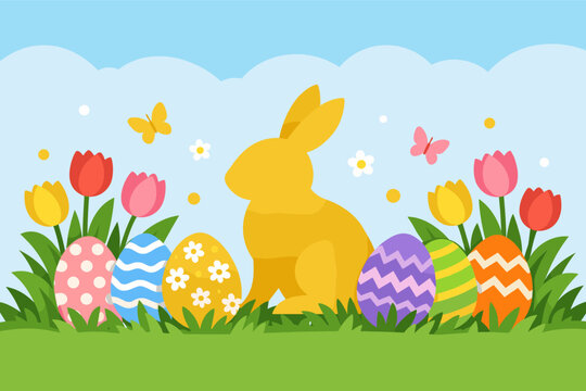 Happy Easter greeting card background featuring colorful decorated eggs, a golden bunny rabbit silhouette, spring tulips, butterflies, and green grass under a blue sky. Festive holiday vector.